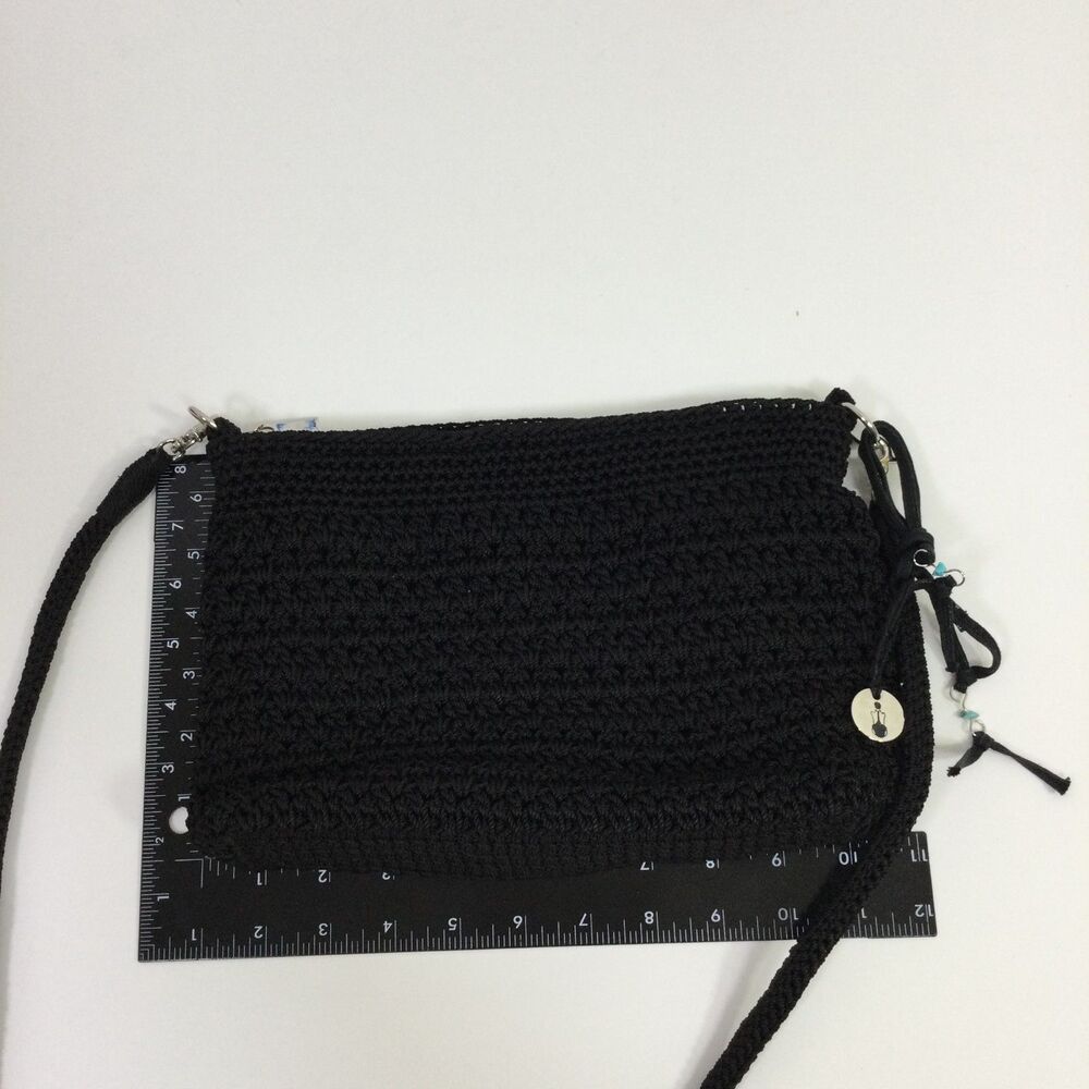 The Sak Black Hand Crochet Crossbody Bag Vintage Knit Purse Zip Top Silver Charm - Picture 12 of 12